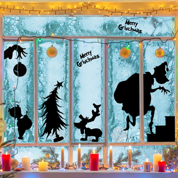 8Pcs Green Christmas Monster Steal Window Sticker Christmas Window Decal, Christmas Ornaments Elk Christmas Tree Elf Cute Character Window Sticker,Reusable Decoration Home School Office Supplies Christmas Window Decal